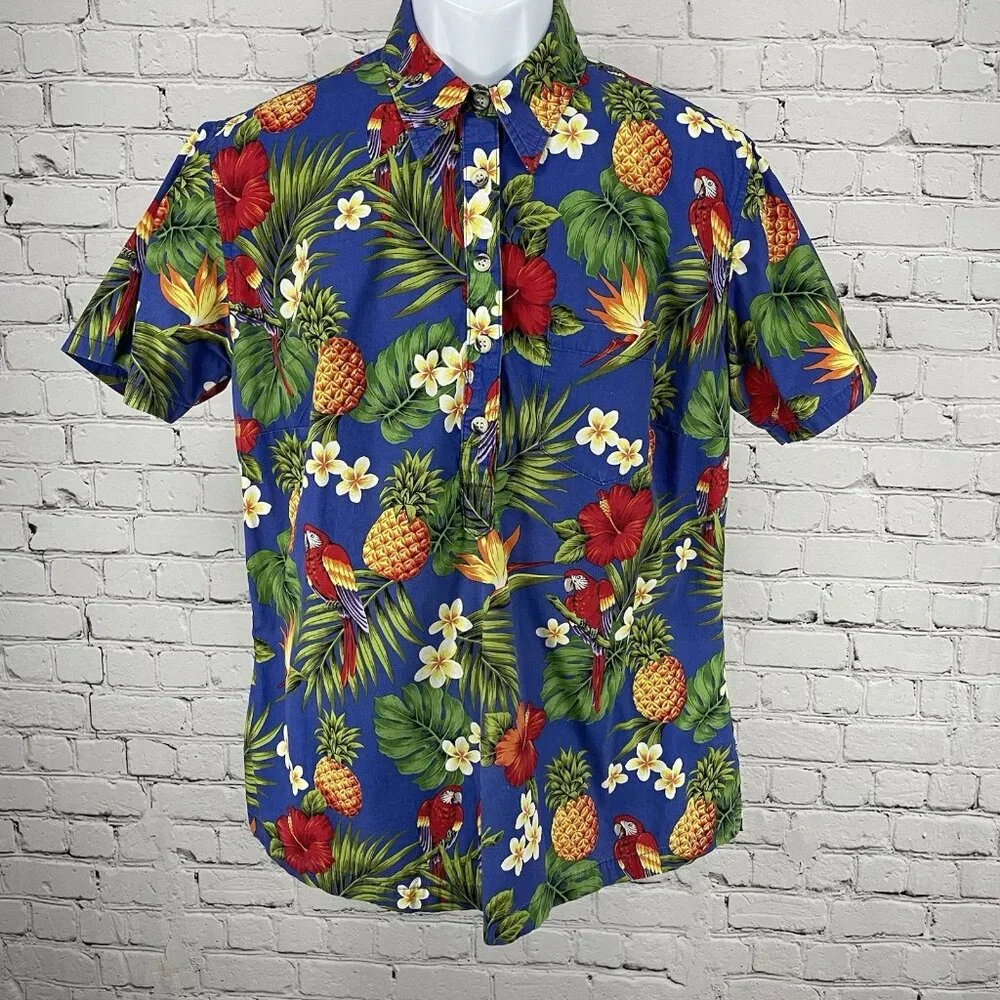 VTG Go Barefoot Blue Hawaiian Tropical Short Sleeve Button Up Shirt USA Large L